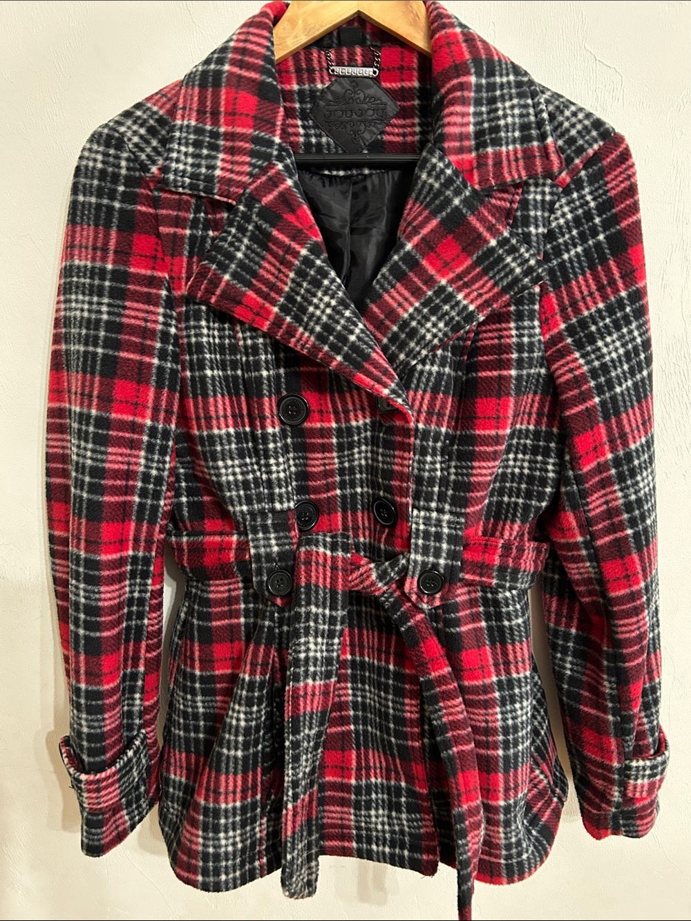 Jou Jou Red Black Plaid Double-Breasted Peacoat with Belt XL